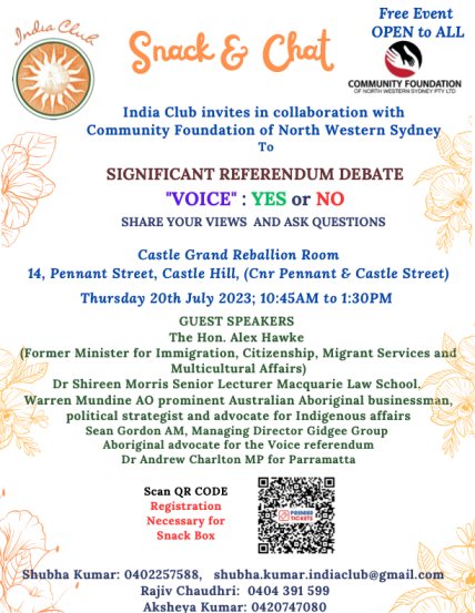 India Club inviting to the Snack & Chat session – VOICE Referendum